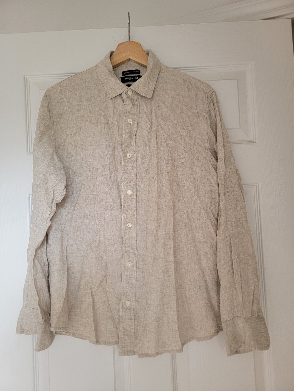 Kenneth Cole Men’s Beige Linen Button-Up Shirt - Size Medium